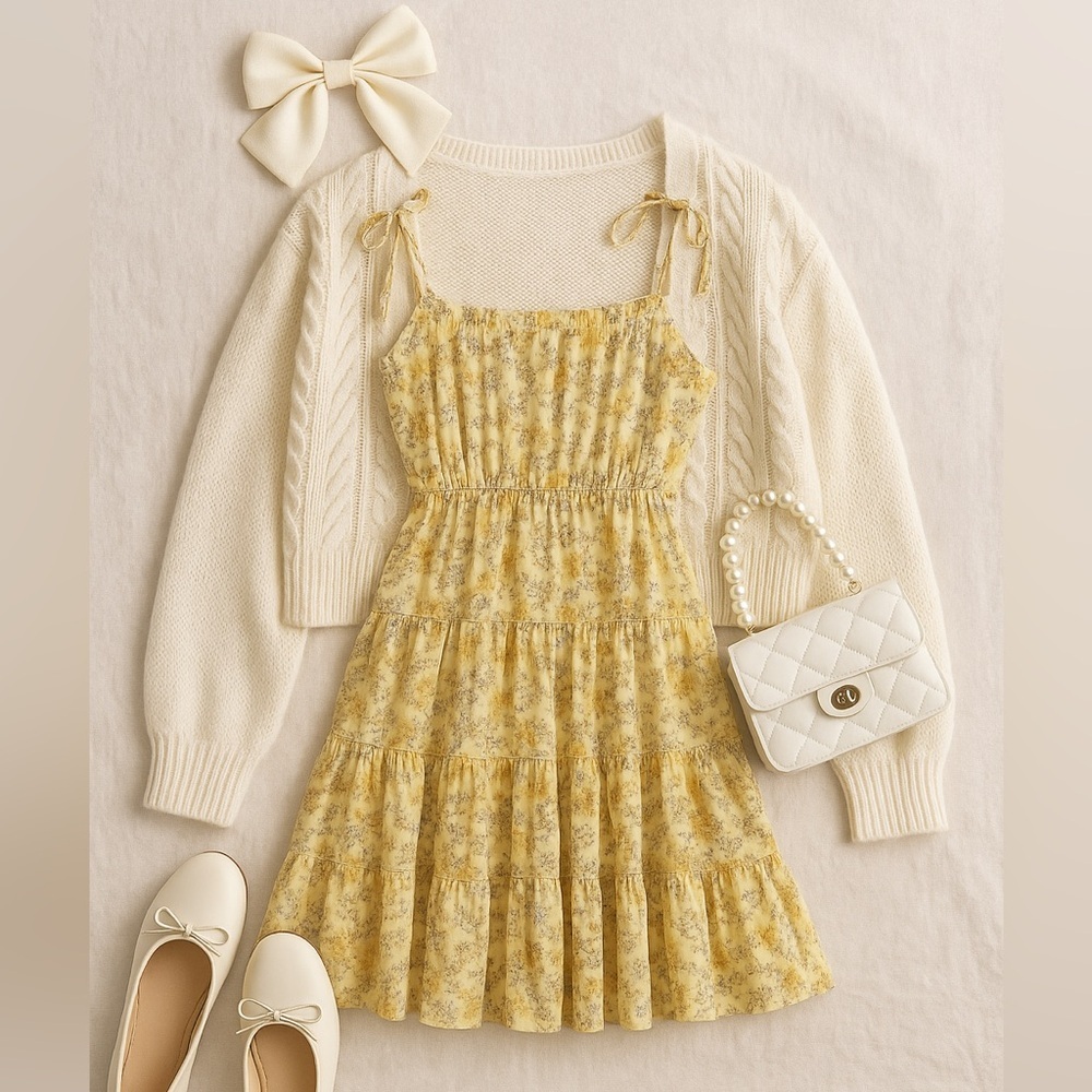 Anthropologie MINE Yellow Floral Tiered Sundress Cottagecore Picnic Dress, M